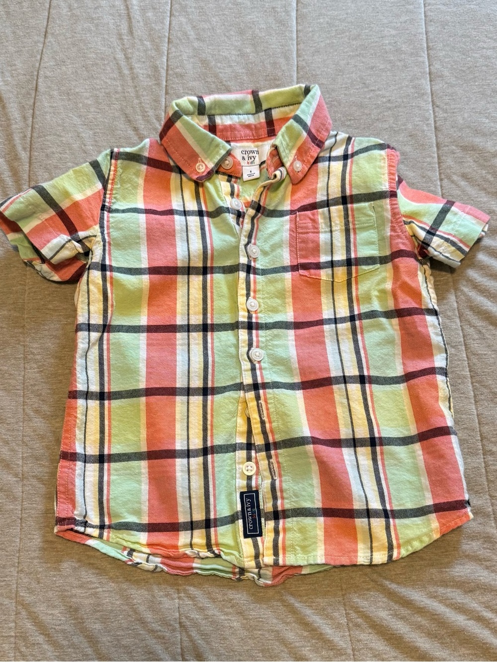 crown & ivy Boys Short-Sleeve Plaid Button-Down Shirt - Coral, Lime, Yellow
